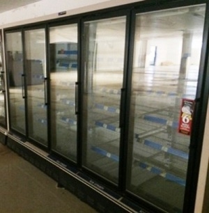 5 Door Master-Bilt Remote Freezer, AA Store Fixtures, Reach-In Freezer, Endless Glass Freezer, Used Freezer