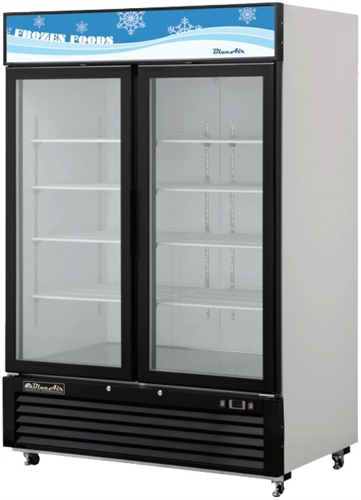 Blue Air, 49 cubic feet, 2 Door Glass Display Freezer, New, Swinging Door
