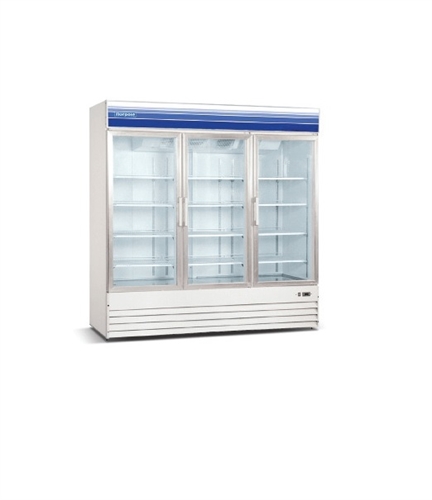 Norpole, 60 cubic feet, 3 Door Glass Display Freezer, New, Swinging Door, self contained, freezers, white, black, discounted price, castors, wheels, refrigerator, commercial, gas station, convenience store, grocery, liquor