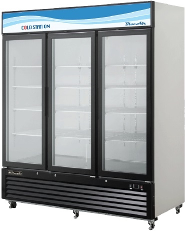 High Efficiency Glass Front Display Cooler; 53 Cubic Ft. Procool Refrigeration Commercial SLIDING 3-Door Merchandiser 