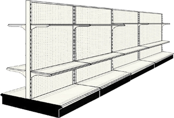 Used 16' gondola run with base and 16 adjustable shelves