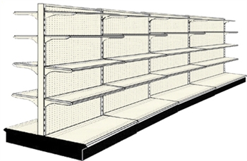Used 16' gondola run with base and 32 adjustable shelves